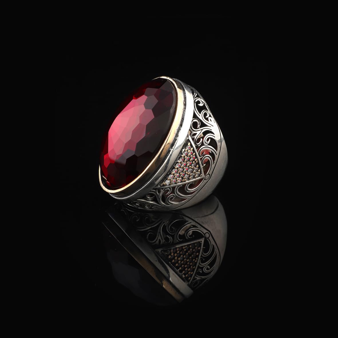 Men’s Chunky Sterling Silver Garnet and Micro Sapphire Ring – Handmade Ottoman Gemstone Ring with Vintage Design