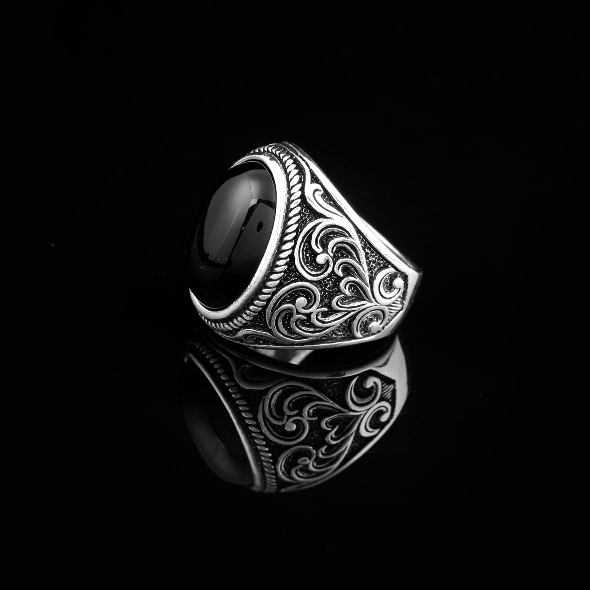 Vintage Ottoman Onyx Ring for Men with Ovale Gemstone – Handmade Sterling Silver Engagement Ring with Custom Engraving – Mens Silver Rings with Gift Silver Polishing Cloth