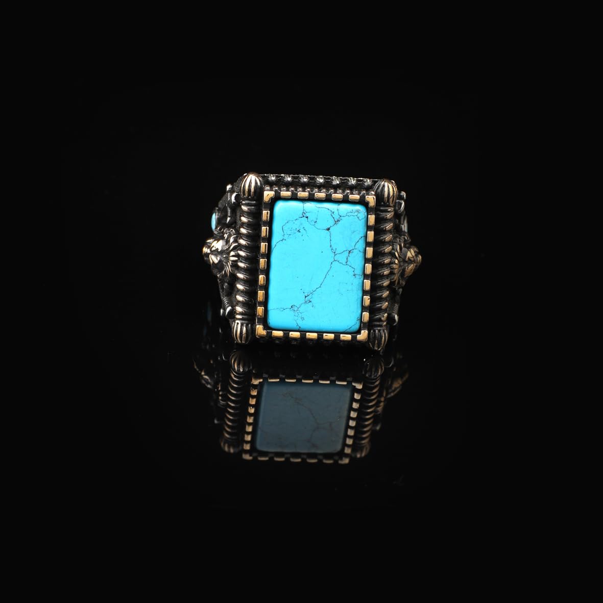 Mens Turquoise Lion Ring – Sword Animal Signet Gemstone in Sterling Silver