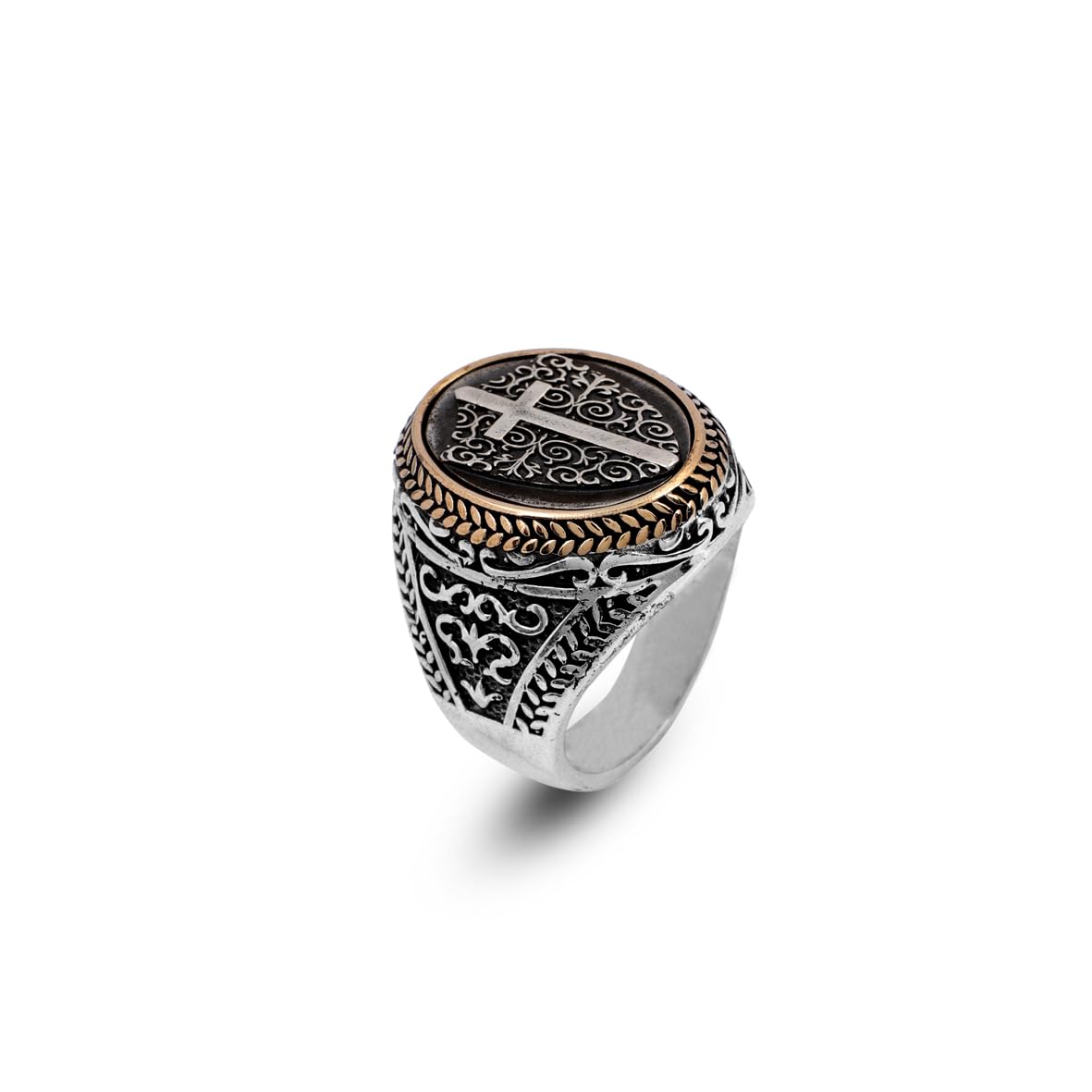 Vintage Shield Cross Signet Ring for Men - 925 Sterling Silver Christian Statement Ring - Polished Handmade Engagement Ring with Custom Engraving