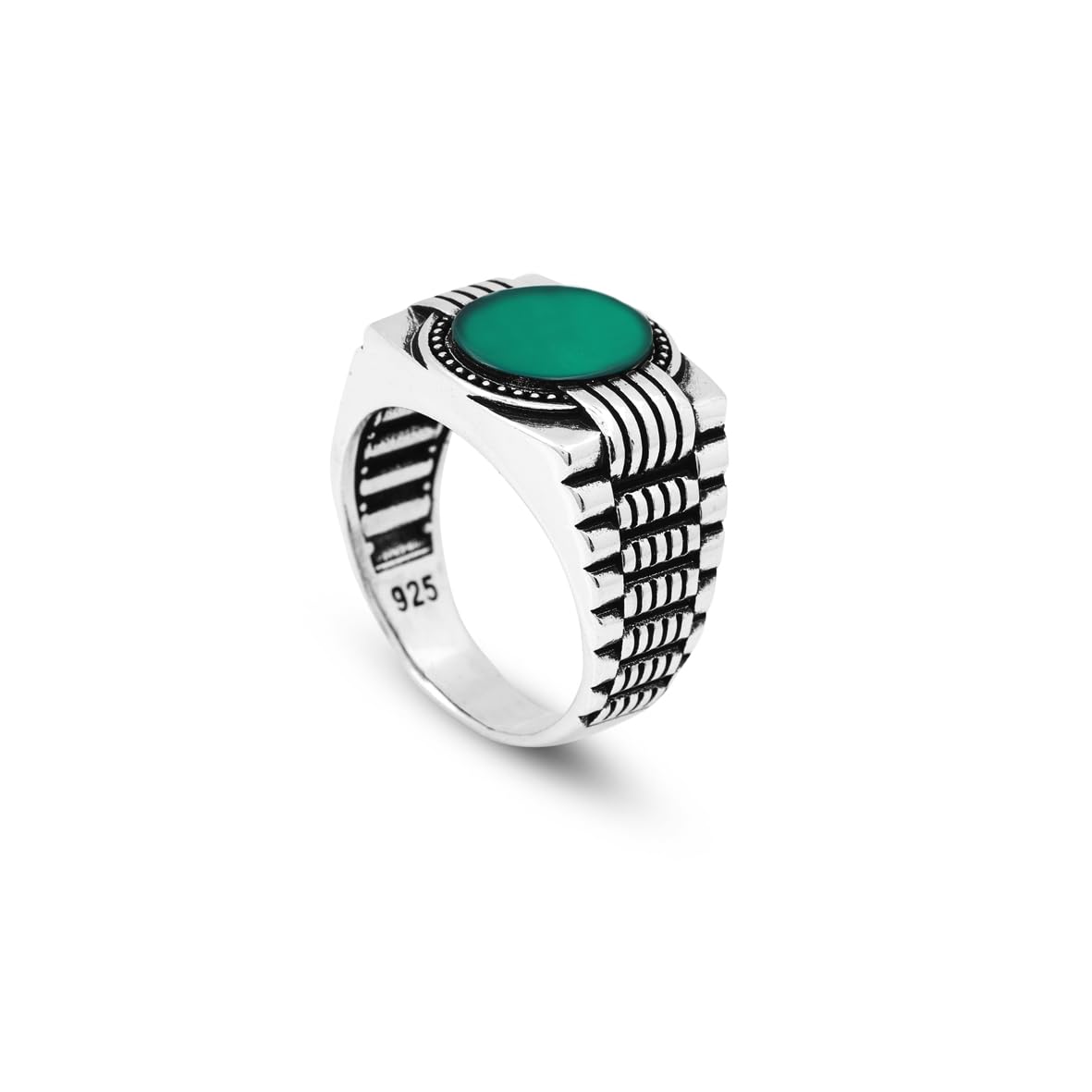 Handmade Jade Gemstone Watch Band Engagement Ring for Men Vintage 925 Sterling Silver