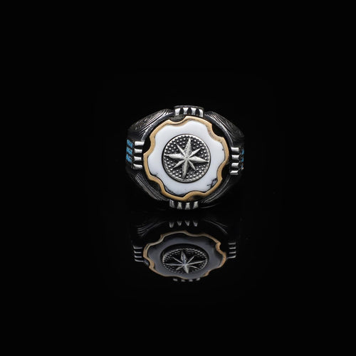 925 Sterling Silver White Turquoise and Pole Star Rotating Ring for Men - White Turquoise and Pole Star Design - Birthday Gifts