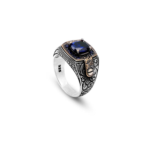 Blue Sapphire Ring with Micro Stone - Vintage Men's Gemstone Ring