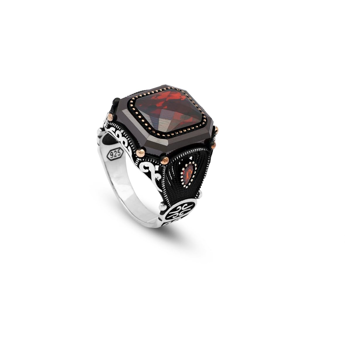 Vintage Garnet Ring for Men – Handmade 925 Sterling Silver Turkish Engagement Ring with Polished Finish – Men's Gemstone Ring with Silver Polishing Cloth Gift