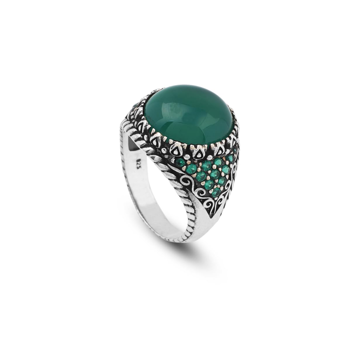 Handmade Jade Ring in Ottoman Style - 925 Sterling Silver Men's Gemstone Jewelry