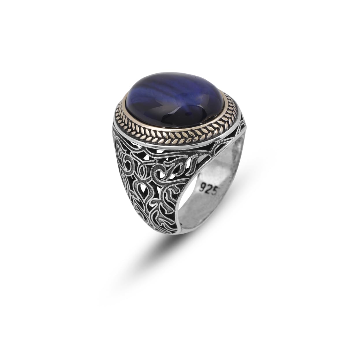 Handmade Blue Tiger Eye Men's Ring - 925 Sterling Silver Gemstone Jewelry with Silver Polishing Cloth Gift