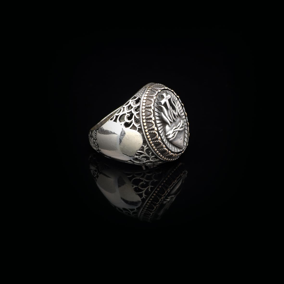 Vintage Heart Design Cross Signet Ring for Men - 925 Sterling Silver Christian Statement Ring - Polished Handmade Engagement Ring with Custom Engraving