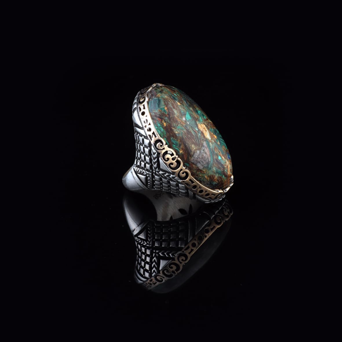Vintage Ottoman Turquoise Ring in Chunky Sterling Silver – Men's Handmade Engagement Ring with Custom Engraving