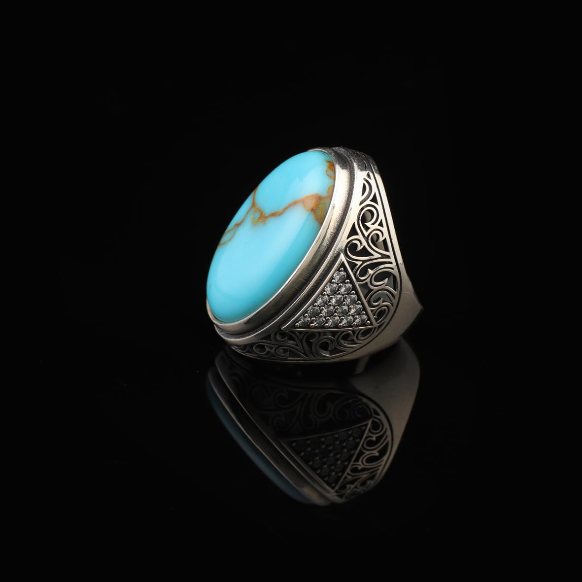 Large Turquoise Ring for Men – Chunky Sterling Silver Gemstone Ring with Micro Sapphire Stone