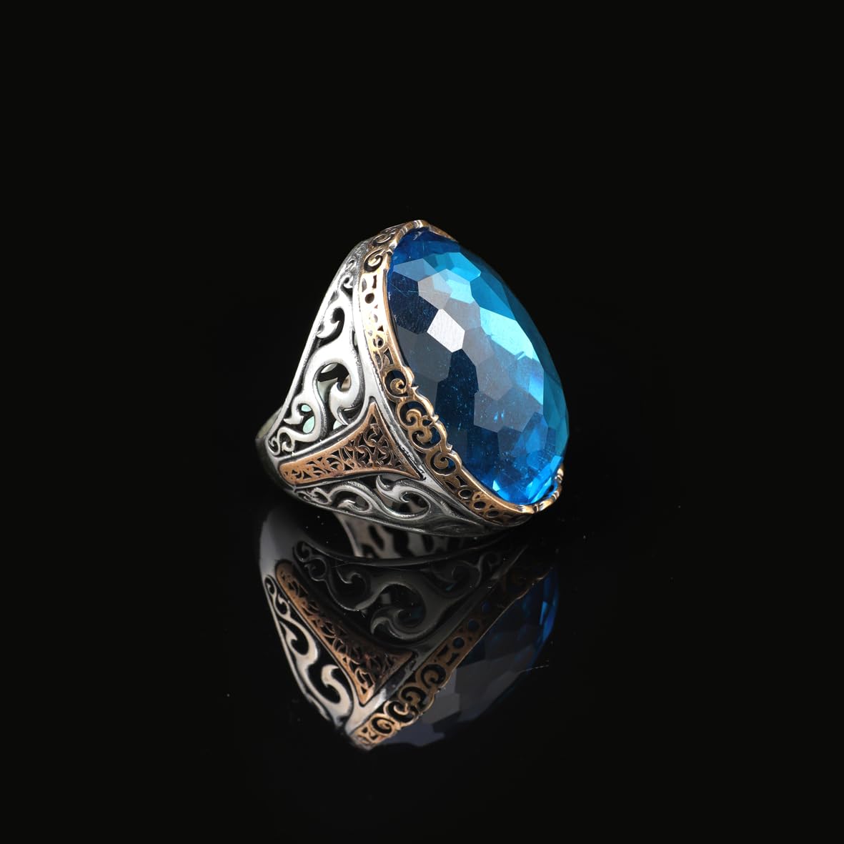 Aquamarine Ring - Oval Stone Large Gemstone Ring for Men Vintage Ottoman Handmade 925 Sterling Silver Rings with Silver Polishing Cloth Gift