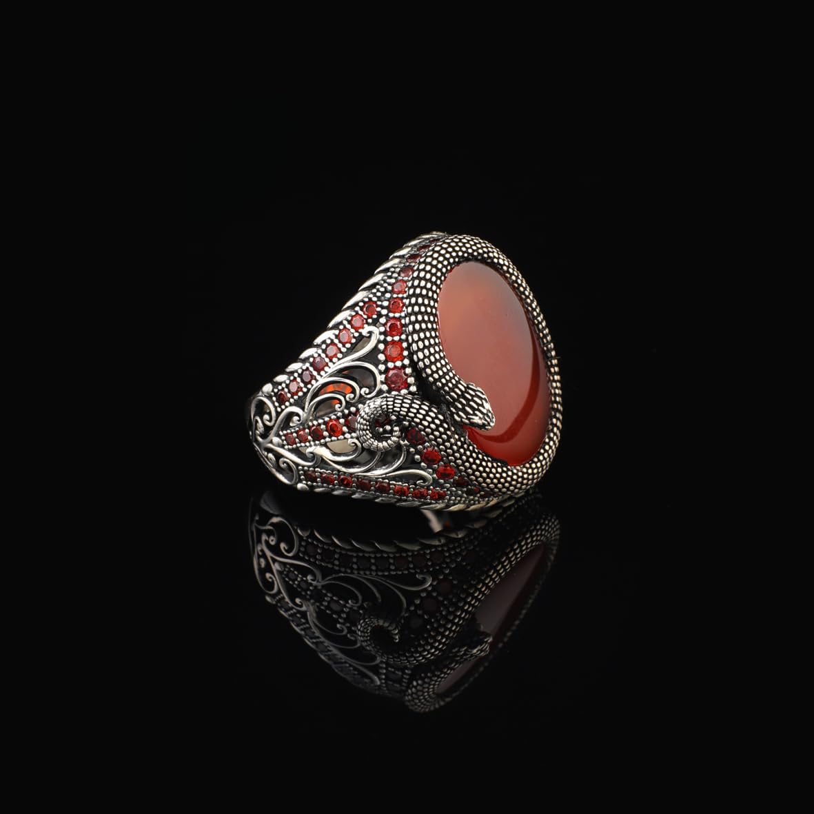 Men’s Snake Carnelian Ring - Handmade Animal Pinky Ring in Sterling Silver