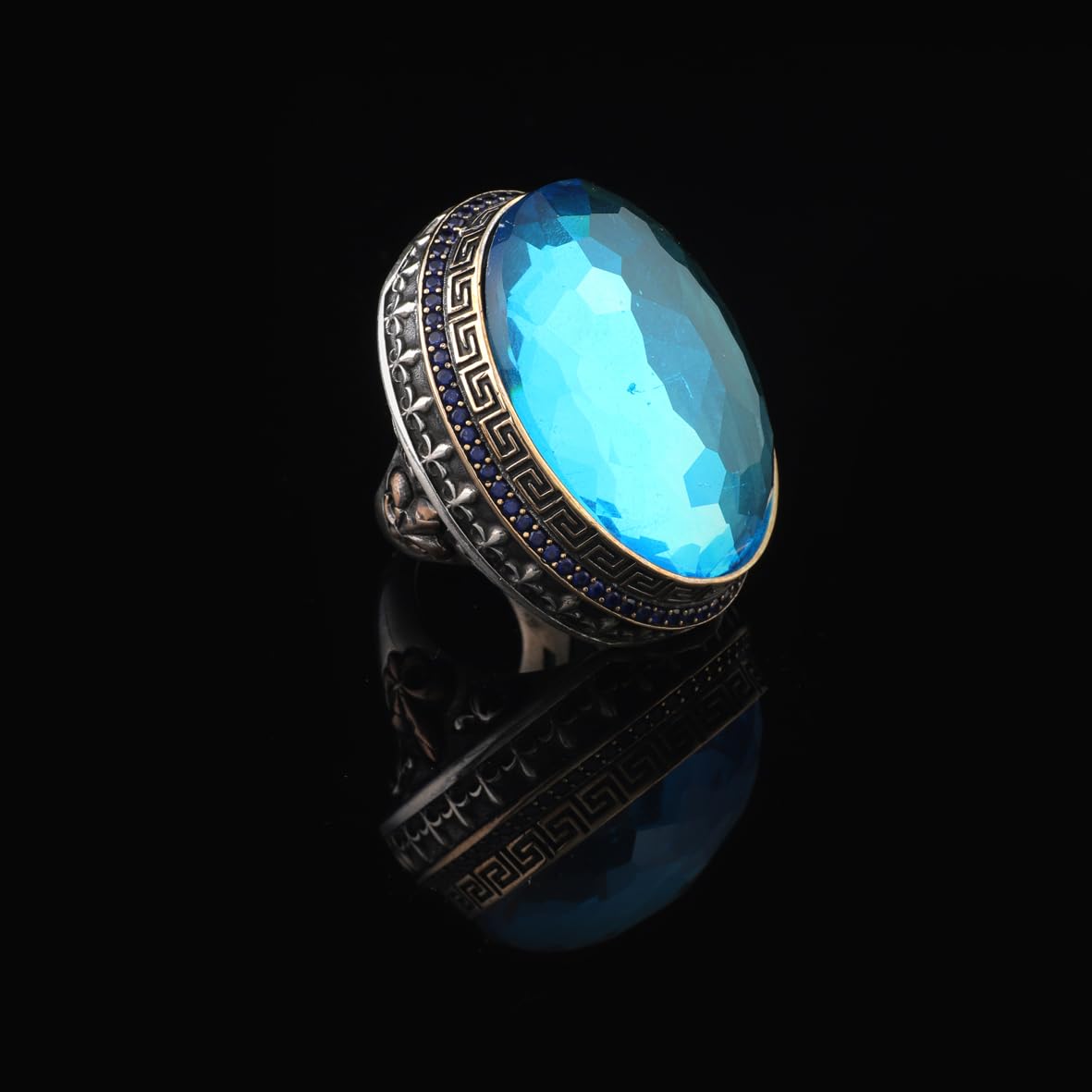 Handmade Iris Flower Model Aquamarine Ring - Chunky Sterling Silver Gemstone Ring for Men