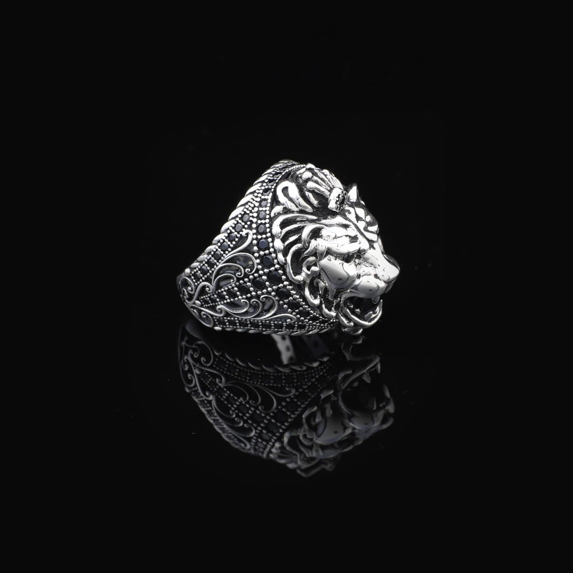Handmade Lion Ring with Black Onyx Micro Stone - 925 Sterling Silver Men's Gemstone Jewelry