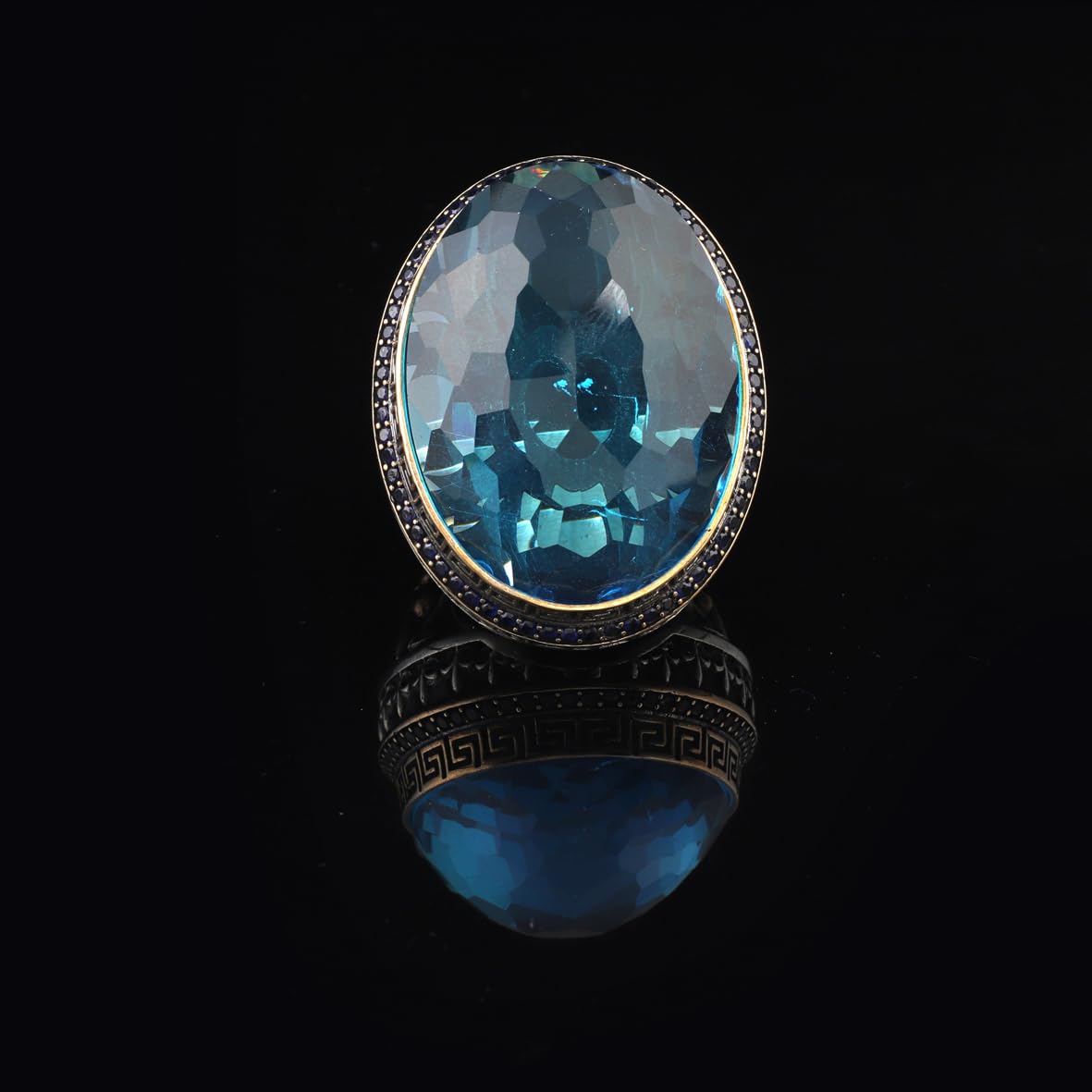 Handmade Iris Flower Model Aquamarine Ring - Chunky Sterling Silver Gemstone Ring for Men