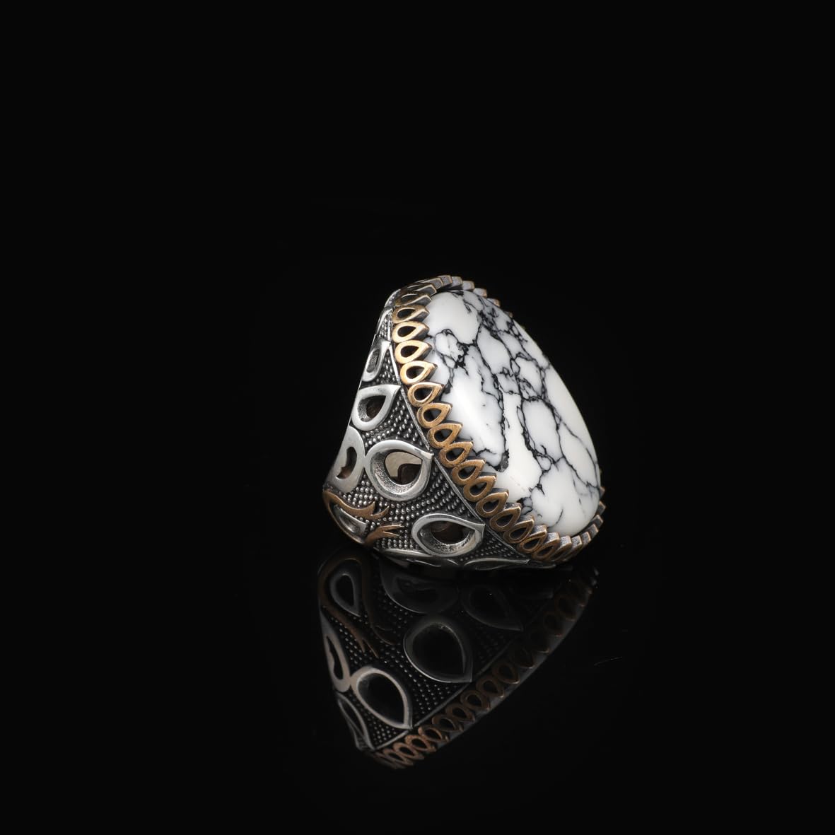 Men's White Turquoise Oval Gemstone Ring - Handmade Ottoman Style Large Sterling Silver Ring with Silver Polishing Cloth Gift