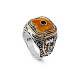 Vintage Handmade Squeeze Amber Ring with Micro Onyx Stone - Men's 925 Sterling Silver Gemstone Jewelry Gift Set with Silver Polishing Cloth — image 1