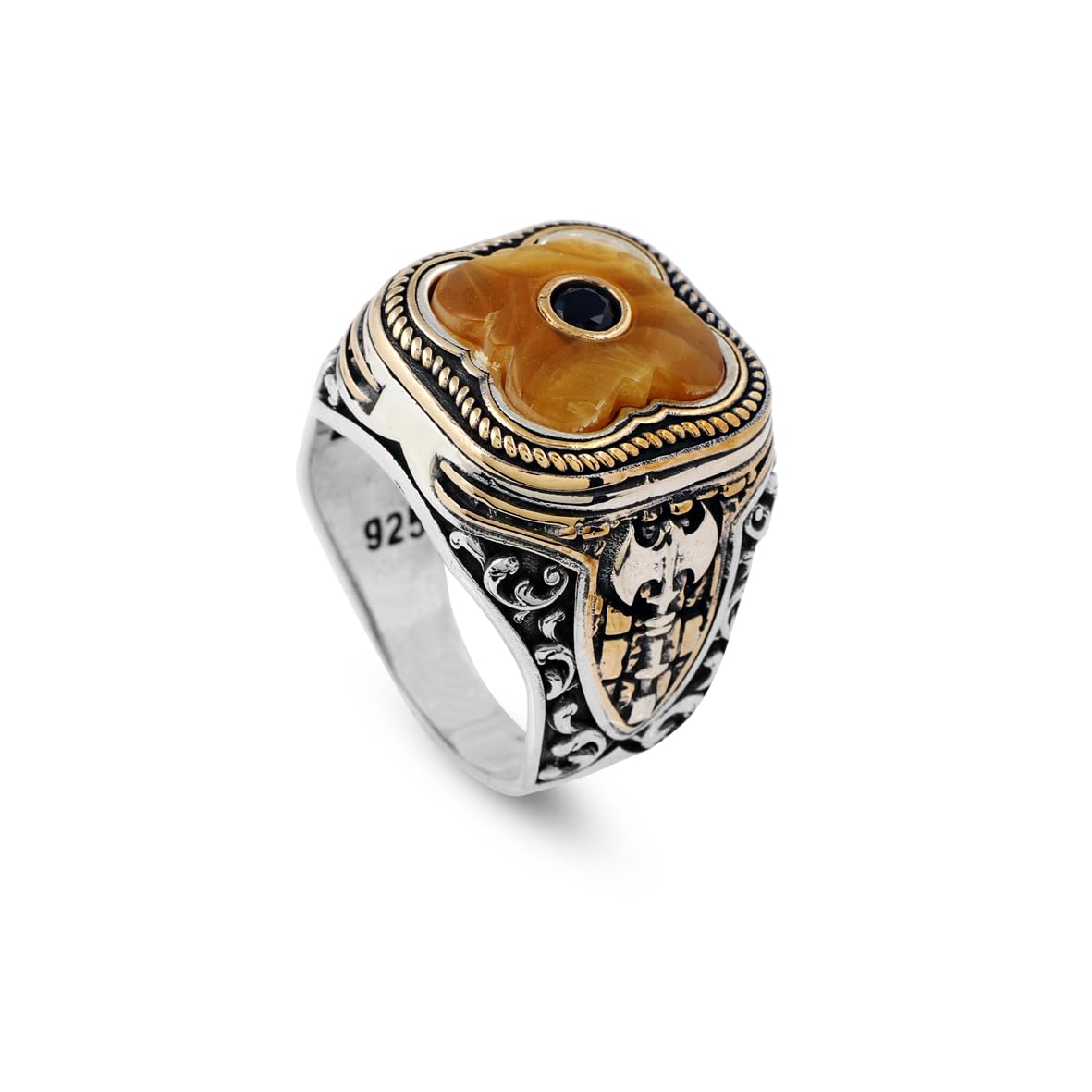 Vintage Handmade Squeeze Amber Ring with Micro Onyx Stone - Men's 925 Sterling Silver Gemstone Jewelry Gift Set with Silver Polishing Cloth