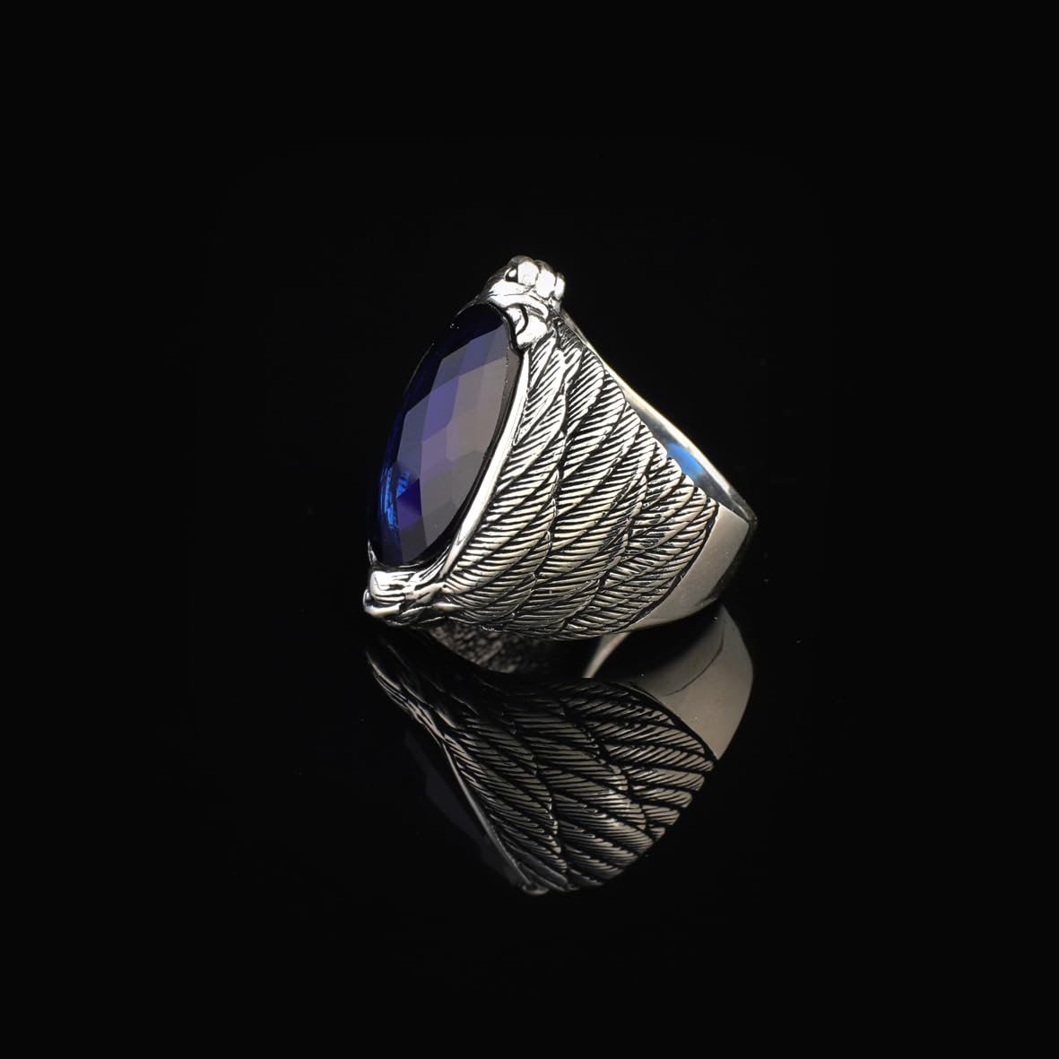 Handmade Vintage Sapphire Eagle Ring in Sterling Silver – Custom Engraved Men's Animal Jewelry Engagement Ring - Gift Silver Polishing Cloth