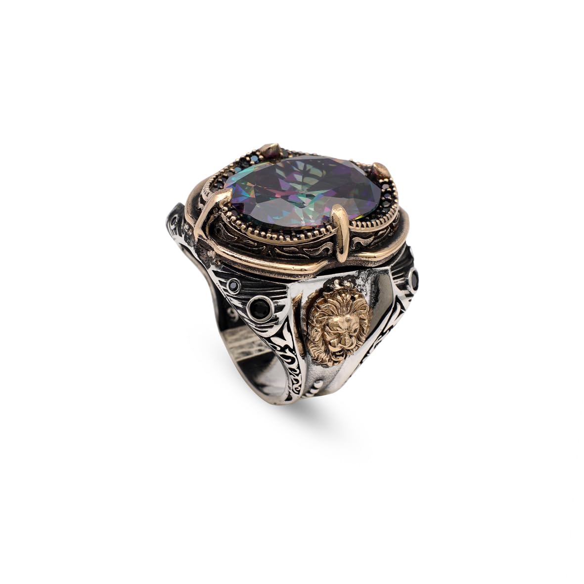 Mystical Topaz Lion Ring – Vintage Animal Gemstone Sterling Silver Engagement Ring for Men – Handmade Men's Silver Rings with Custom Engraving + Gift Silver Polishing Cloth