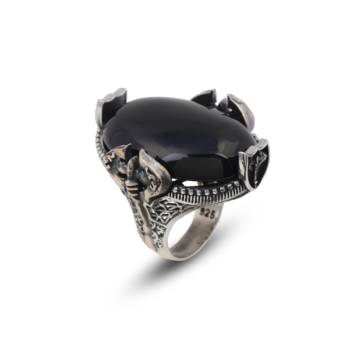 Handmade Large Black Onyx Ax Ring - 925 Sterling Silver Men's Gemstone Jewelry with Silver Polishing Cloth Gift