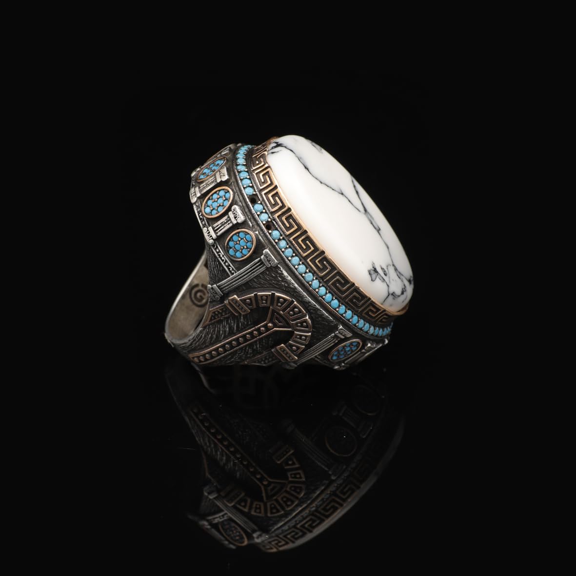 White Turquoise Ring with Micro Turquoise Stone – Large Oval Vintage Men’s Ring in Polished 925 Sterling Silver