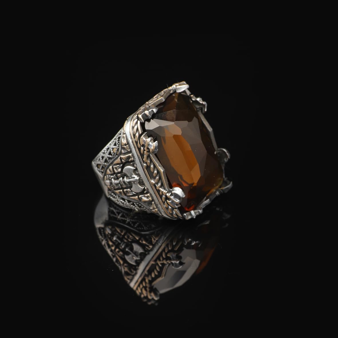 Vintage Large Citrine Ax Ring for Men - 925 Sterling Silver Turkish Handmade Polished Engagement Ring with Silver Polishing Cloth Gift