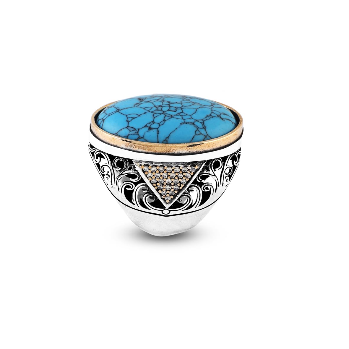 Handmade Chunky Sterling Silver Ring for Men with Turquoise and Micro Sapphire – Ottoman Style Vintage Engagement Ring