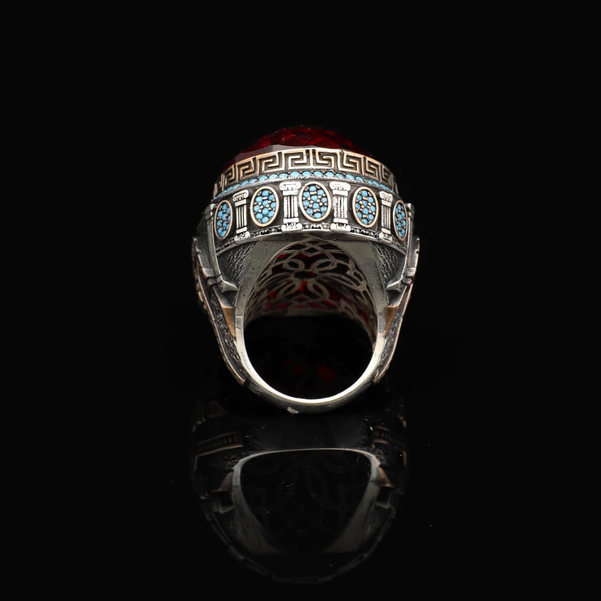 Garnet and Micro Turquoise Ring – Large Oval Vintage Men’s Ring in Polished 925 Sterling Silver