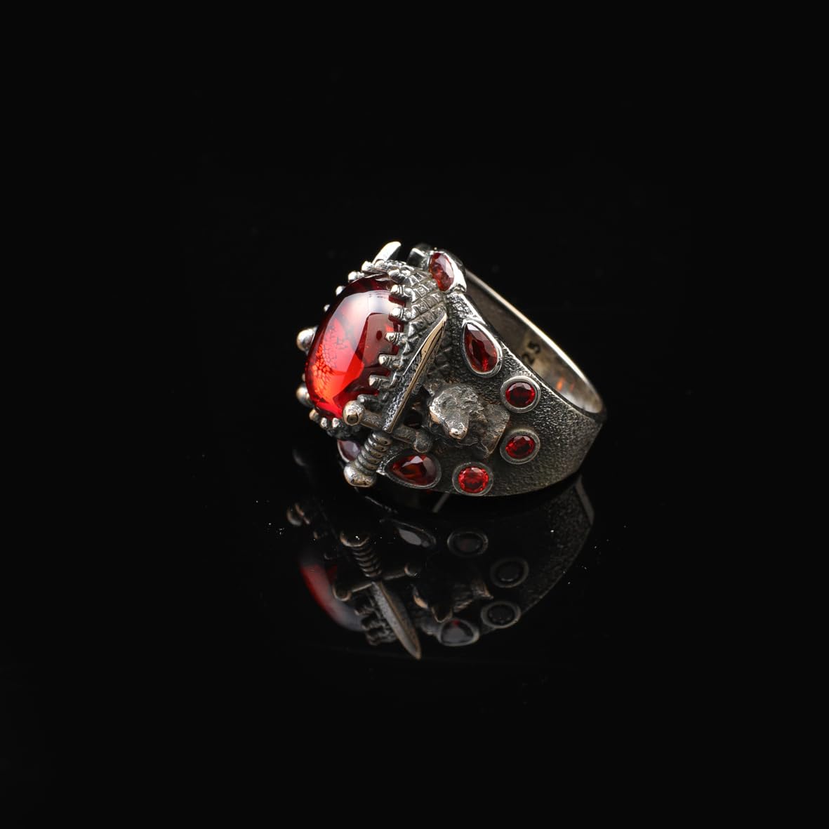 Mens Wolf Garnet Sword Ring – Handmade Sterling Silver Animal Ring