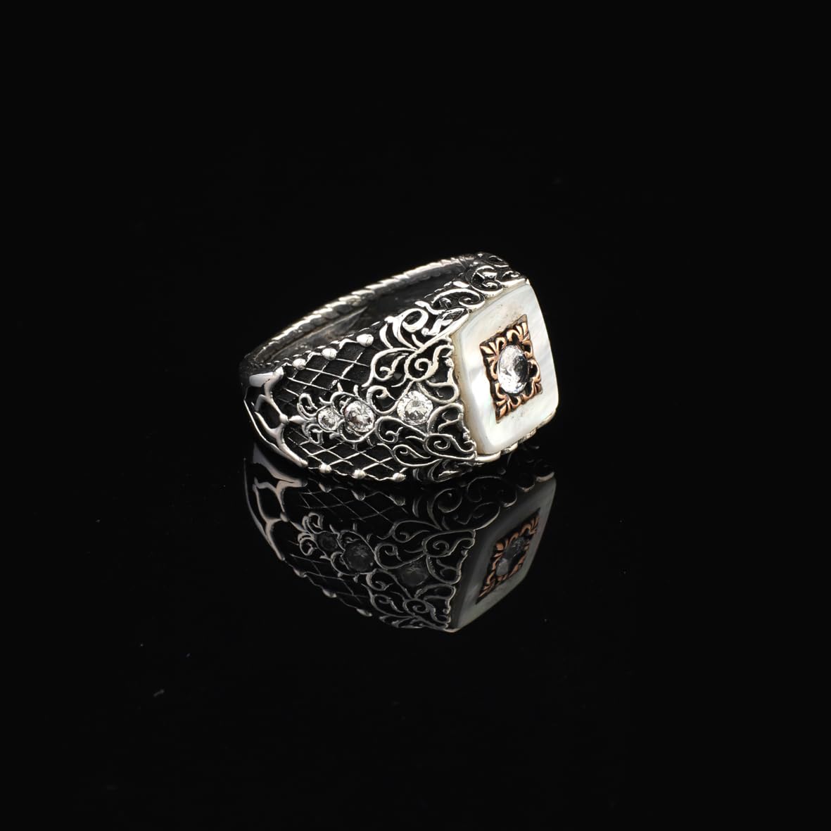 Vintage Mother of Pearl Signet Ring - Sterling Silver Pinky Ring for Men