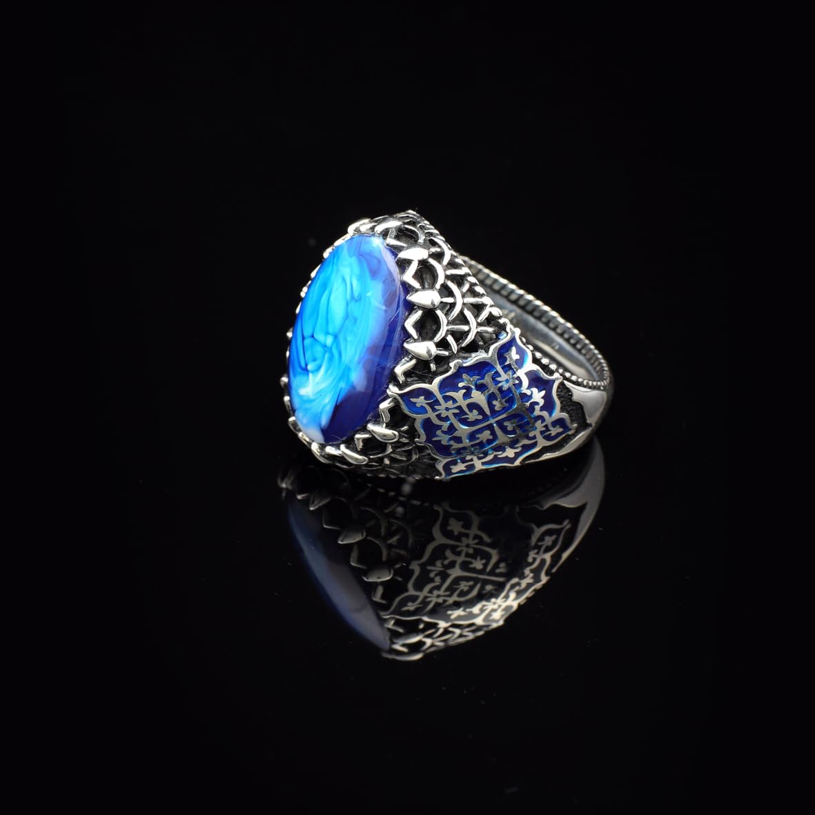 Genuine Turquoise Men's Ring - Vintage Oval Stone Gemstone Ring in 925 Sterling Silver