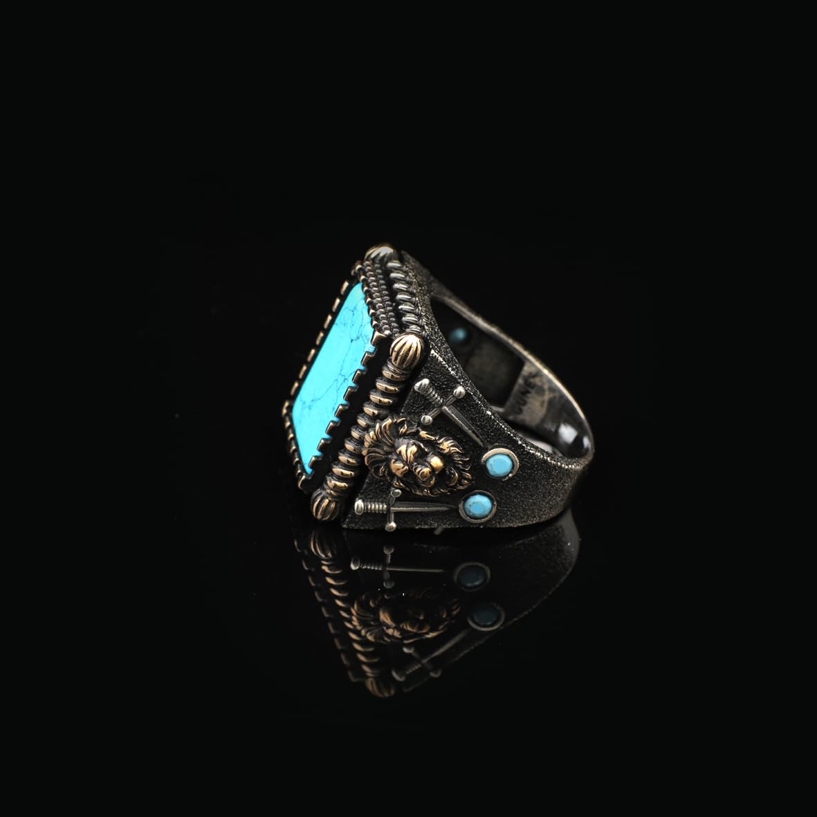 Mens Turquoise Lion Ring – Sword Animal Signet Gemstone in Sterling Silver