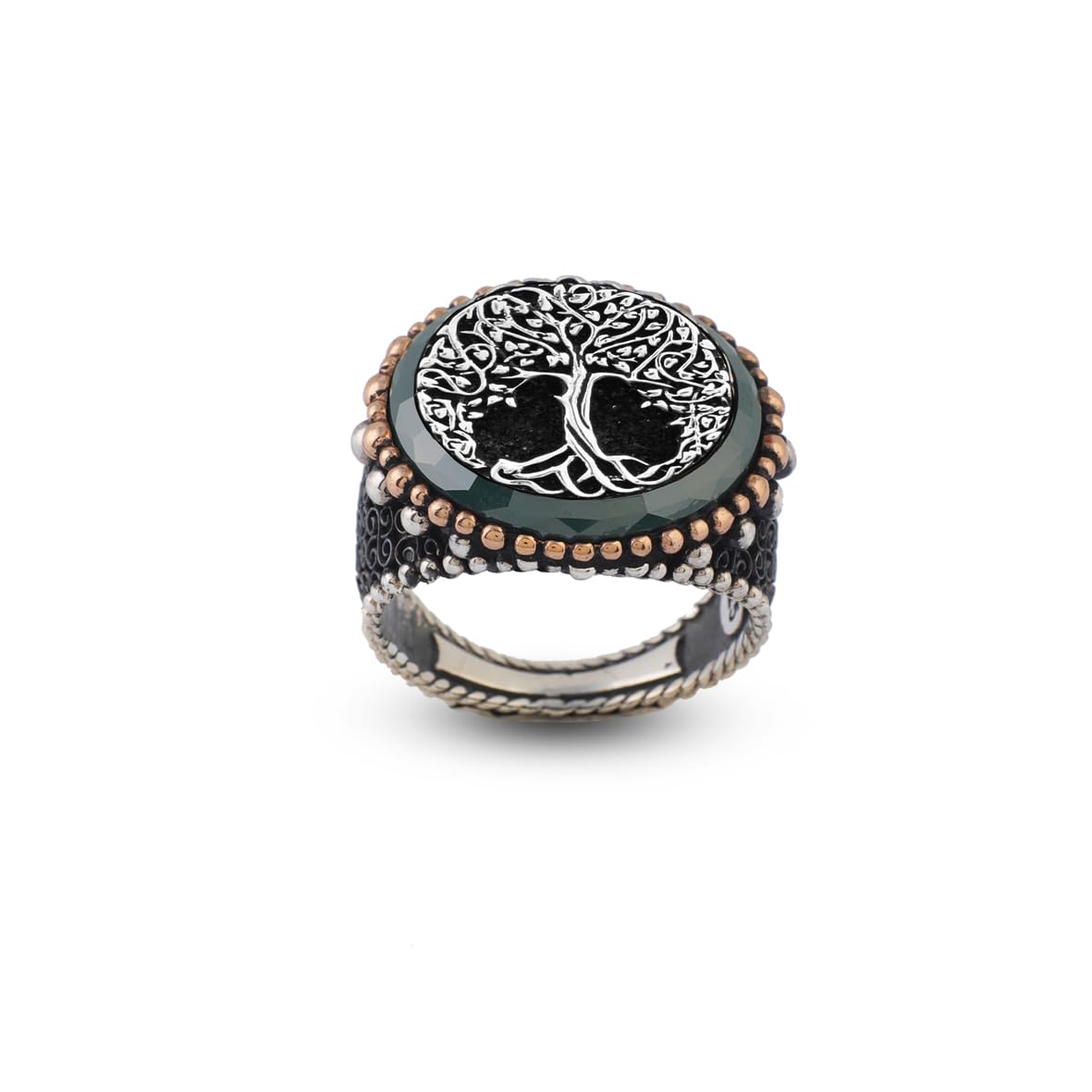 Tree of Life Jade Signet Ring - Sterling Silver Pinky Ring for Men with Gemstone