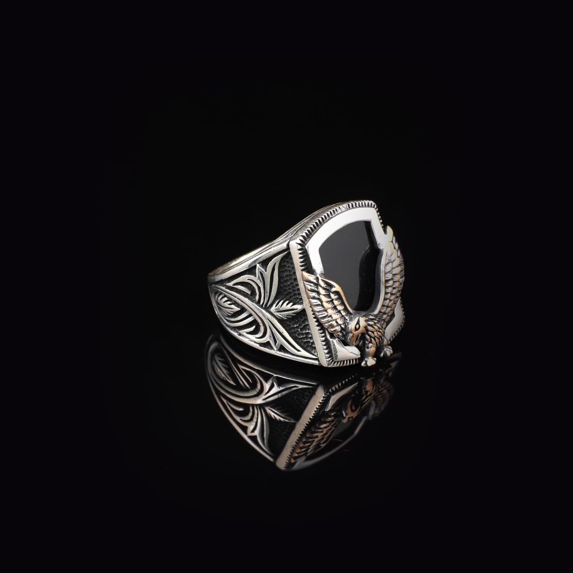 Handmade Onyx Gemstone Eagle Ring for Men Vintage 925 Sterling Silver