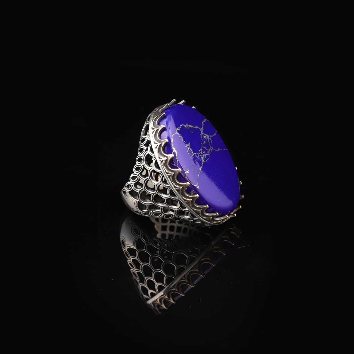 Vintage Men's Lapis Lazuli Oval Gemstone Ring - Handmade Ottoman Style 925 Sterling Silver Ring with Silver Polishing Cloth Gift