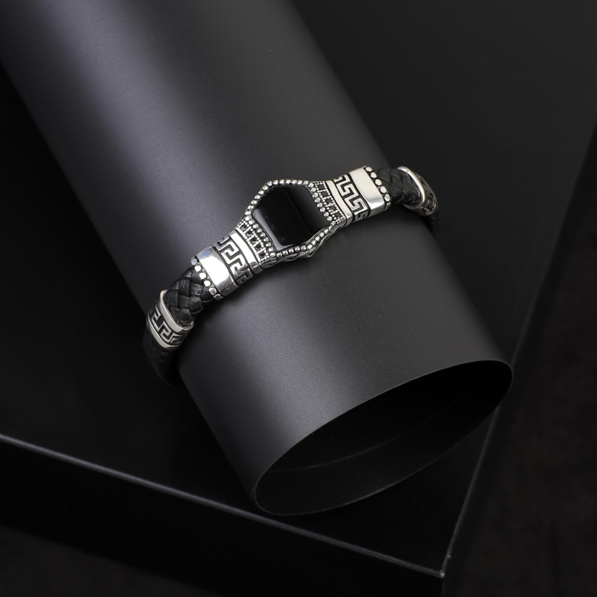 Sterling Silver Bracelet for Men – Leather and Natural Onyx Stone – Hand-Engraved