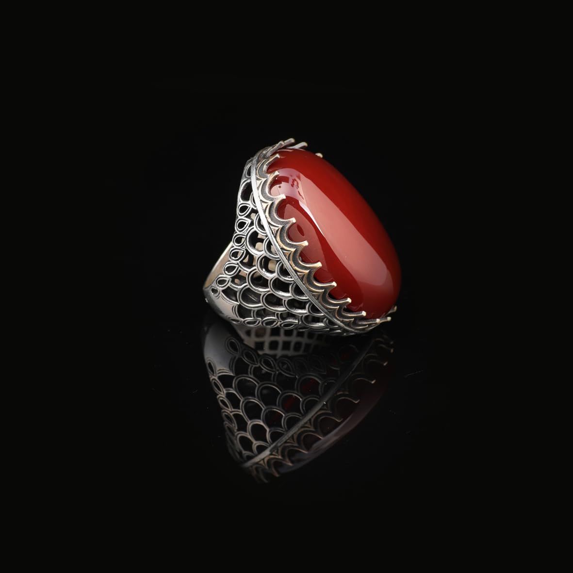 Handmade Carnelian Ring with Oval Stone - Large Gemstone Ring for Men Vintage Ottoman Style - 925 Sterling Silver Rings