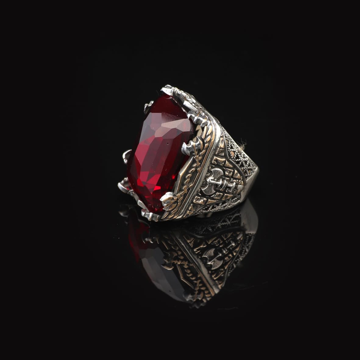 Vintage Large Garnet Ax Ring for Men - 925 Sterling Silver Turkish Handmade Polished Engagement Ring with Silver Polishing Cloth Gift