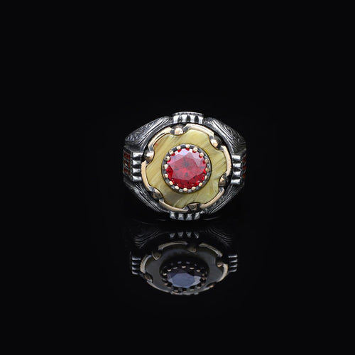 925 Sterling Silver Ottoman Style Squeezed Amber and Ruby Ring - Men's Rotating Ottoman Ring with Squeezed Amber and Ruby - Birthday Gifts