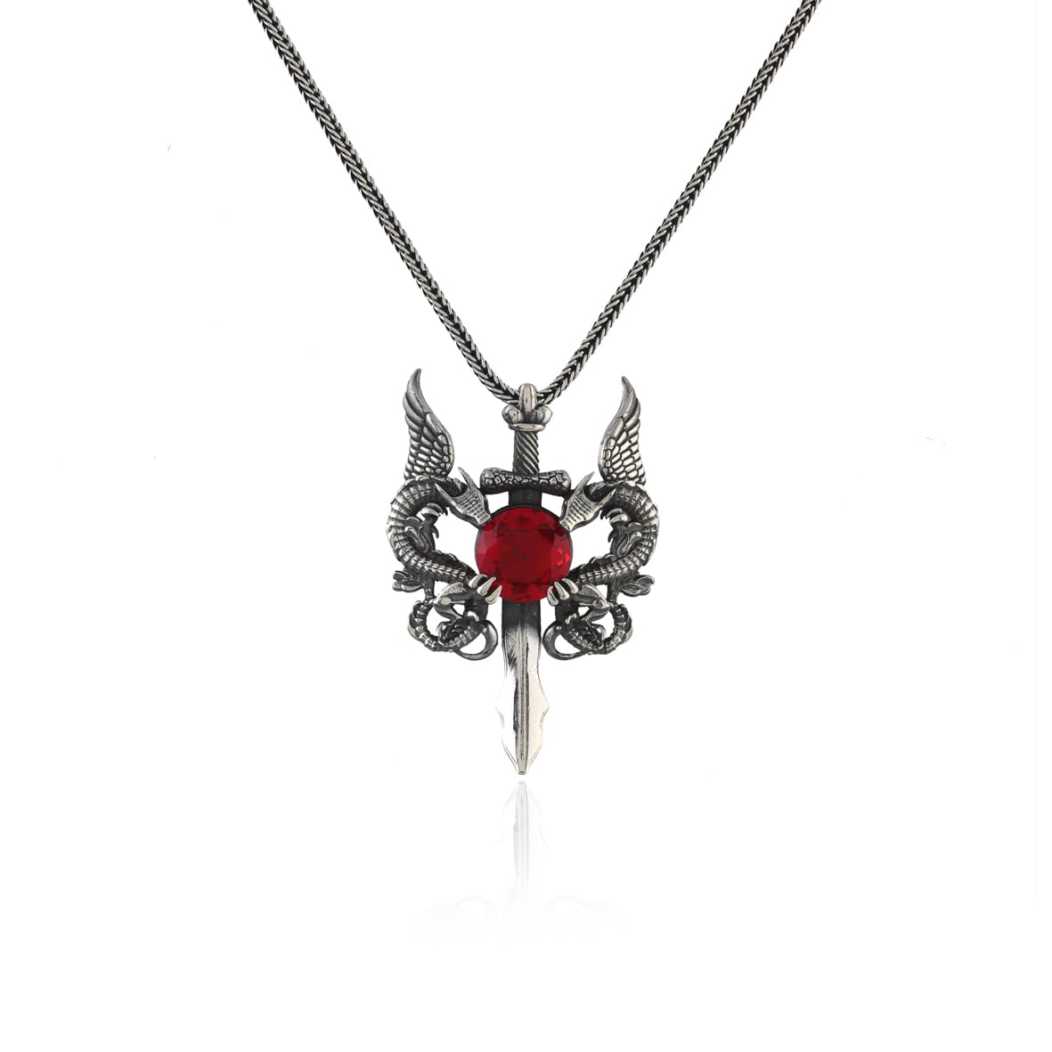 Sterling Silver Dragon Necklace with Sword - Garnet Pendant – Men’s Gothic Pendant Necklace with Silver Chain & Silver Cleaning Cloth Gift