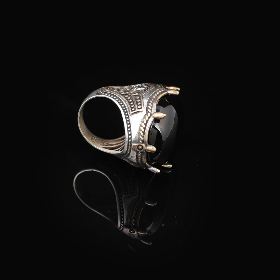 Vintage Men's Handmade Onyx Ring with Oval Gemstone - Large Ottoman Style 925 Sterling Silver Band - Includes Silver Polishing Cloth Gift