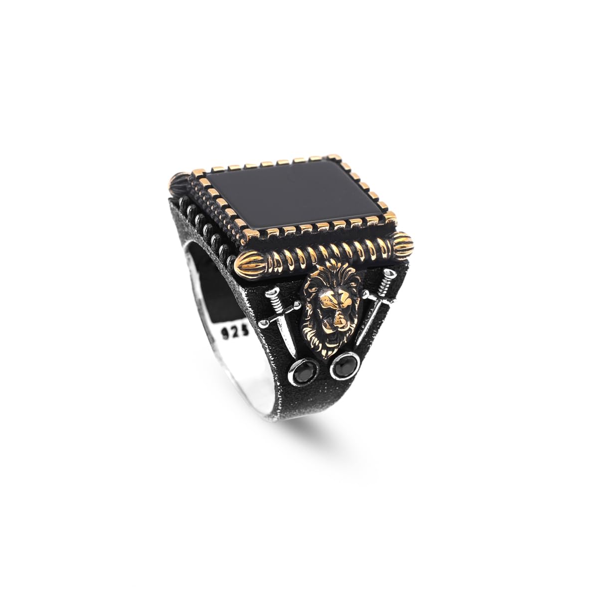 Vintage Lion Signet Onyx Ring with Sword Detail – Handmade Gemstone Sterling Silver Ring for Men