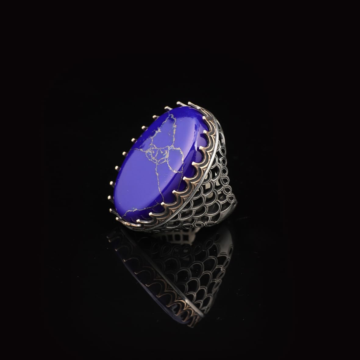 Vintage Men's Lapis Lazuli Oval Gemstone Ring - Handmade Ottoman Style 925 Sterling Silver Ring with Silver Polishing Cloth Gift