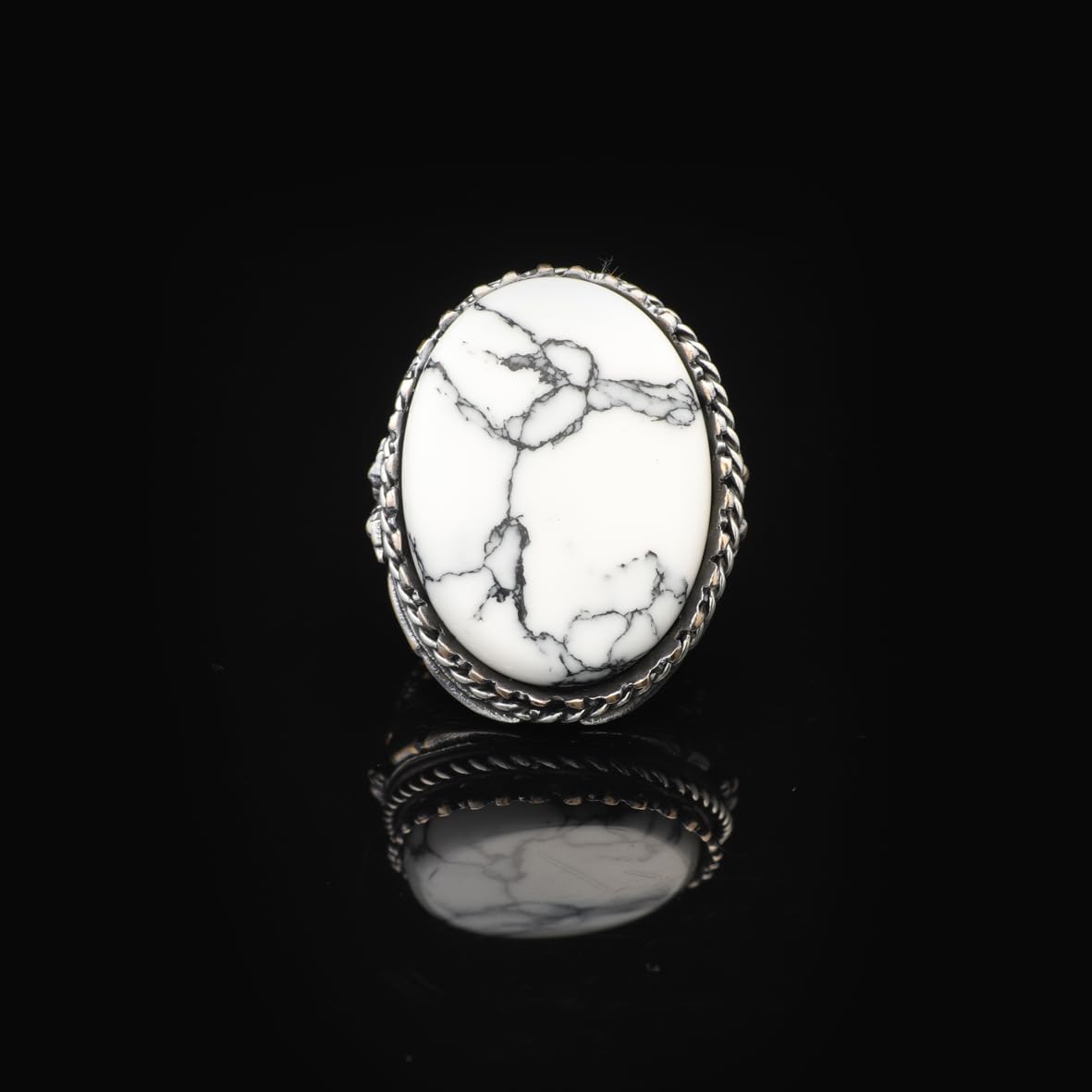 Vintage White Turquoise Eagle Ring for Men - Large Oval Stone 925 Sterling Silver Turkish Handmade Polished Engagement Ring with Silver Polishing Cloth Gift