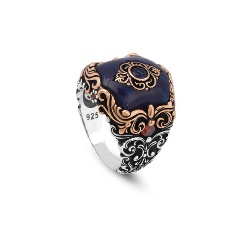 925 Sterling Silver Men's Ring - Handmade Ottoman Style Sapphire Gemstone Jewelry with Unique Design