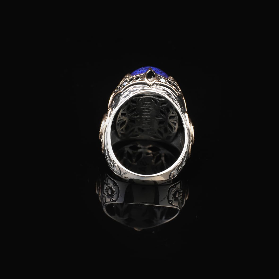 Lapis Lazuli Ring with Micro Onyx Stone – Ottoman Style Vintage Gemstone Sterling Silver Engagement Ring for Men – Handmade with Custom Engraving + Gift Silver Polishing Cloth