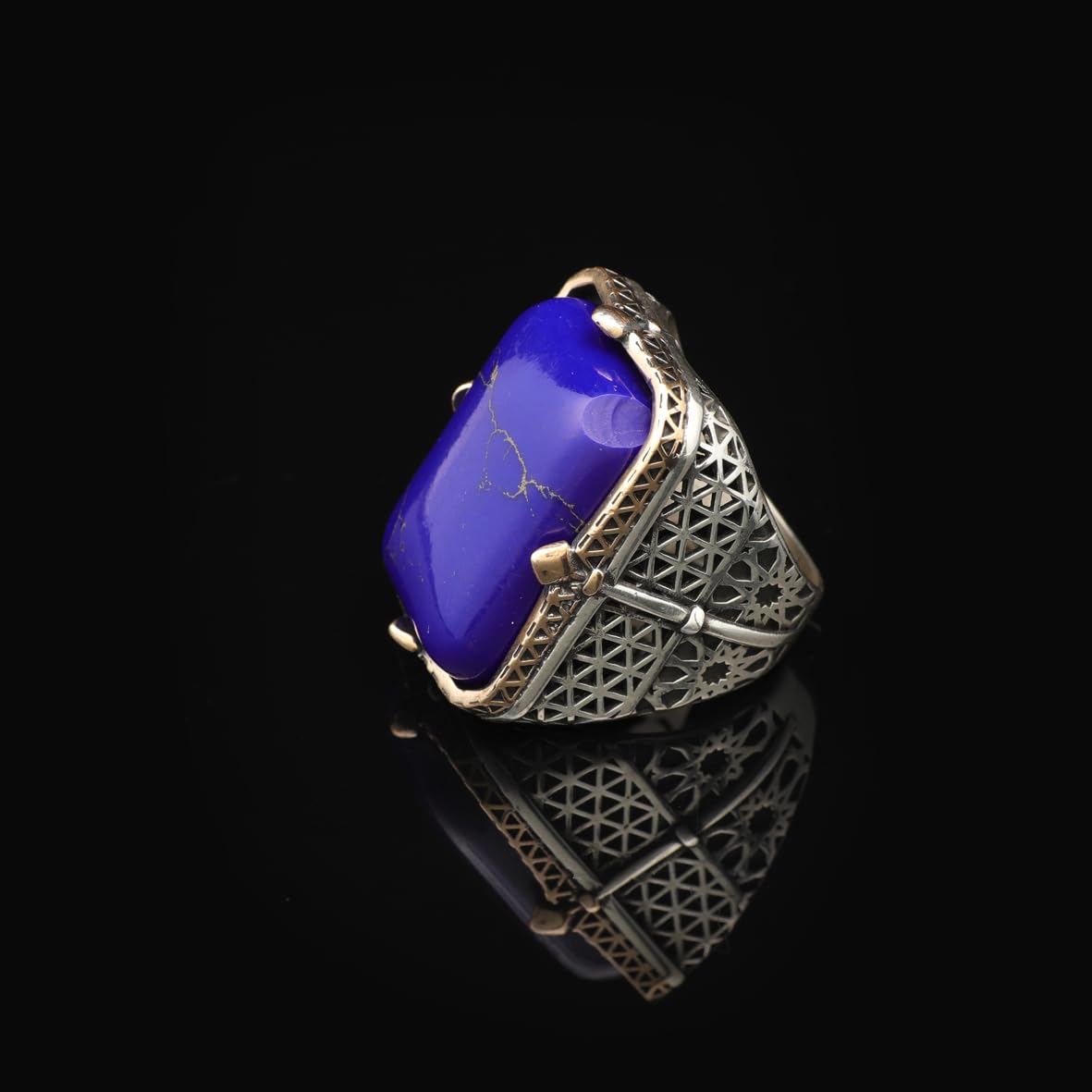 Vintage Large Lapis Lazuli Ring for Men - 925 Sterling Silver Turkish Handmade Polished Engagement Ring with Silver Polishing Cloth Gift