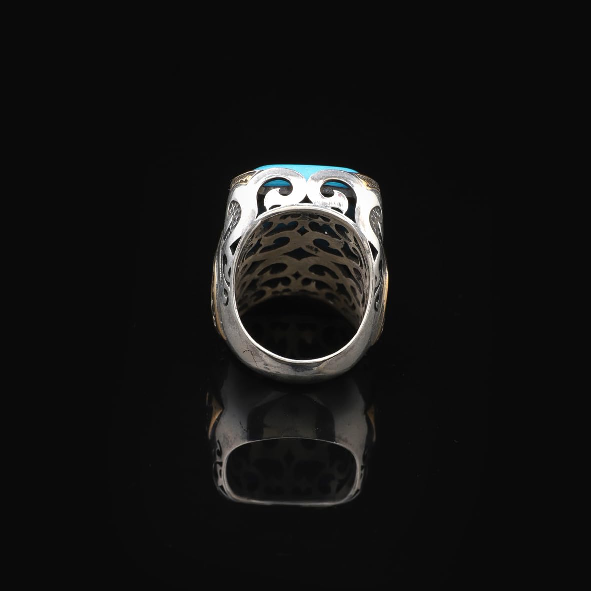 Turquoise Ring - Large Gemstone Ottoman Vintage Handmade 925 Sterling Silver Men's Ring with Silver Polishing Cloth Gift