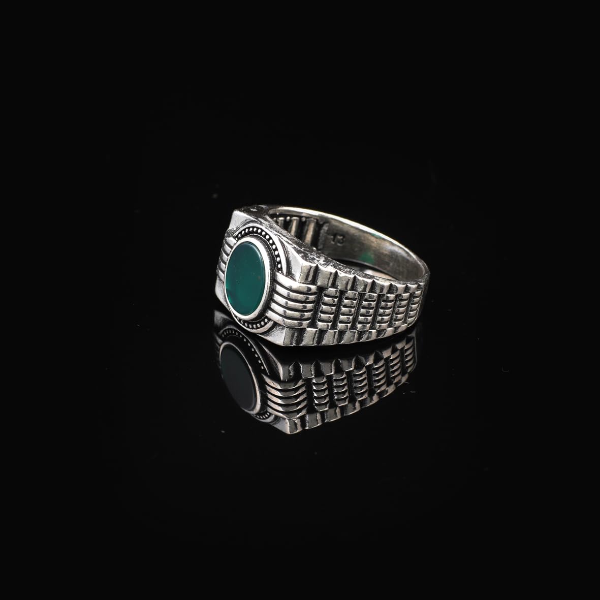 Handmade Jade Gemstone Watch Band Engagement Ring for Men Vintage 925 Sterling Silver