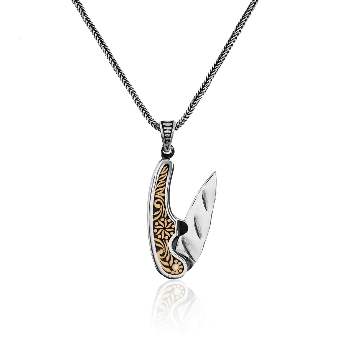 Pocket Knife Necklace – Polished Sterling Silver Mens Pendant – Biker Necklace with Silver Chain – Silver Necklace Gift + Cleaning Cloth